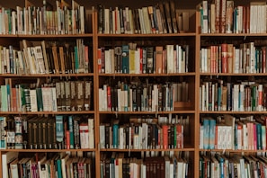 brown wooden book shelf with books