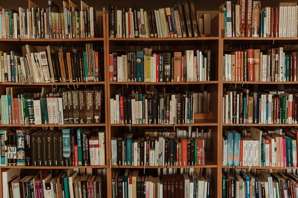 brown wooden book shelf with books