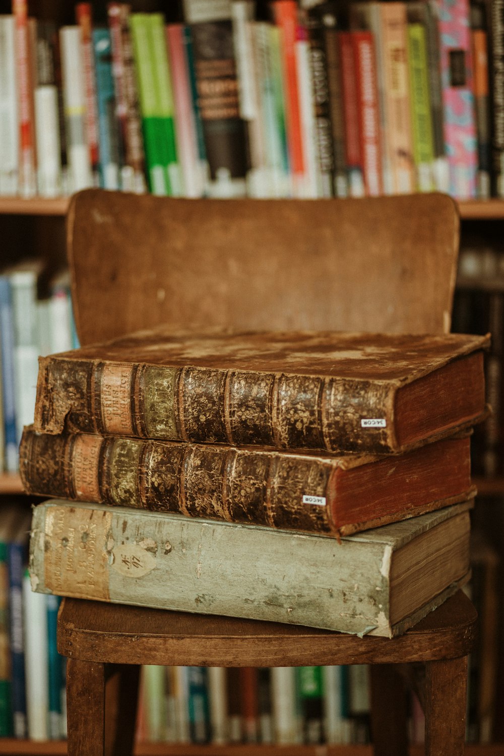 brown hardbound books on brown wooden shelf