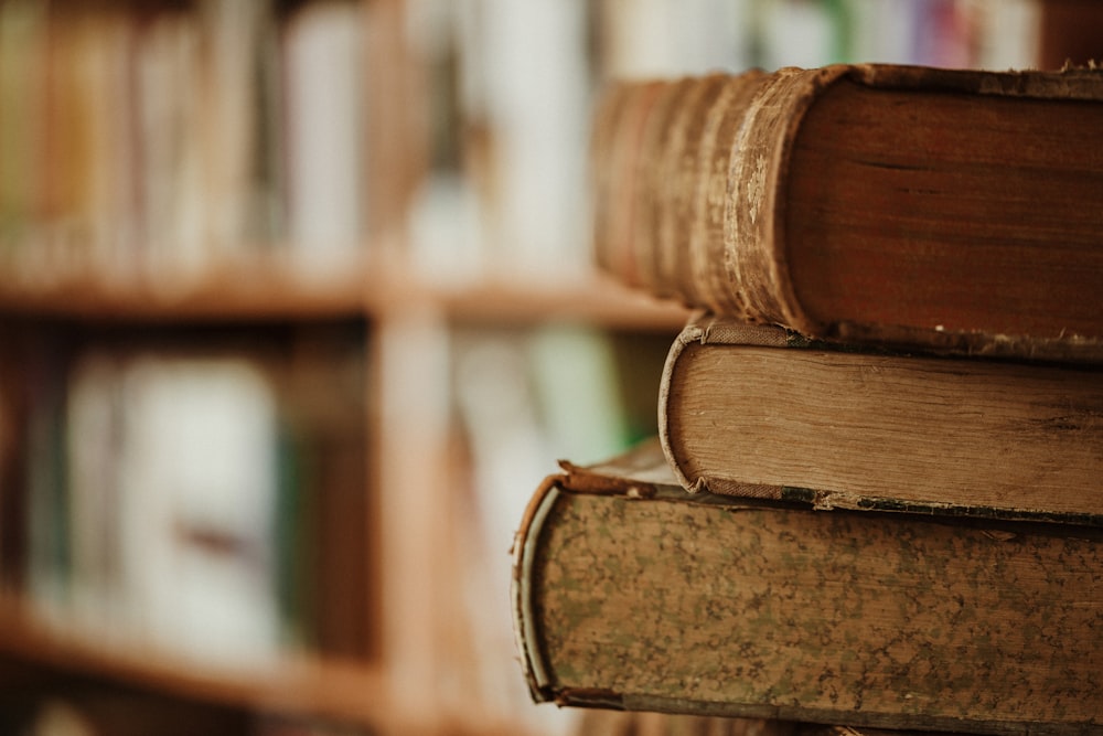 brown wooden book shelf in tilt shift lens