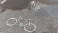 A wet road surface displays white painted markings, including a bicycle symbol and an icon representing an adult holding a child's hand. The dark patches of moisture create a slight contrast with the gray asphalt, highlighting the road symbols clearly.