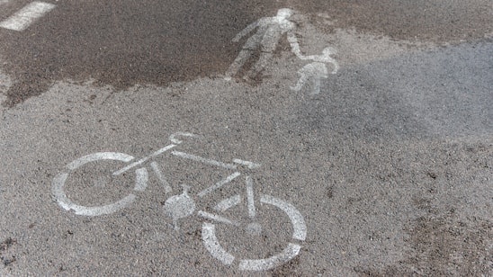 A wet road surface displays white painted markings, including a bicycle symbol and an icon representing an adult holding a child's hand. The dark patches of moisture create a slight contrast with the gray asphalt, highlighting the road symbols clearly.