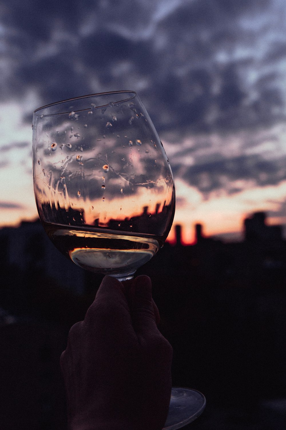 person holding clear wine glass with brown liquid during sunset