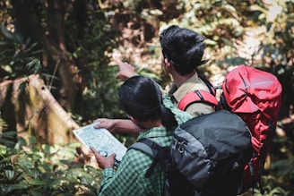 Two people are in a forest setting, one holding a map and pointing forward, while the other stands beside with hiking backpacks. The background is filled with lush greenery and sunlight filtering through the trees.
