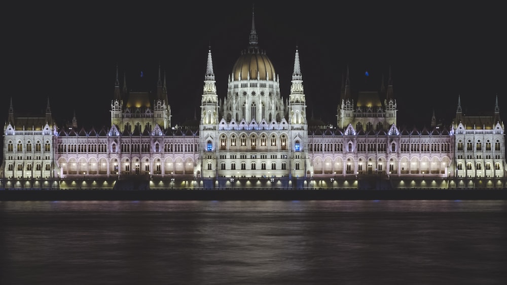 white and brown concrete building during night time