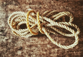 A coil of natural fiber rope with various knots tied, set against a forest floor.