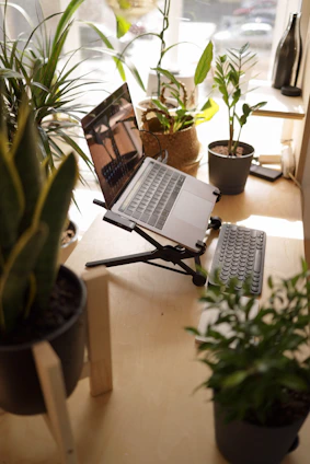 A serene workspace featuring a laptop displaying a clean health blog interface surrounded by green plants and natural light.