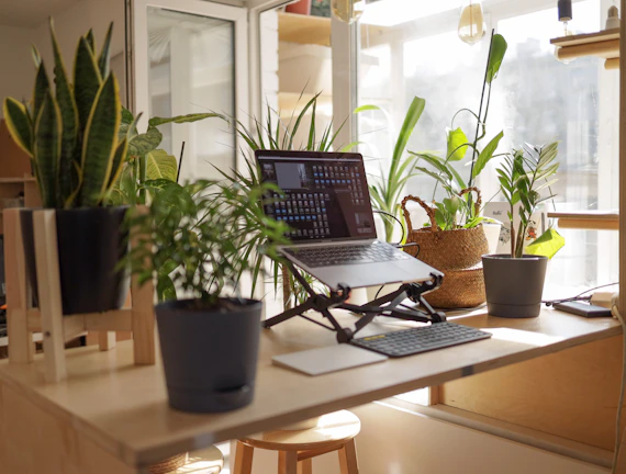 A warm, sunlit Moroccan home office featuring a sleek wooden Maktab desk with a laptop and potted plant.