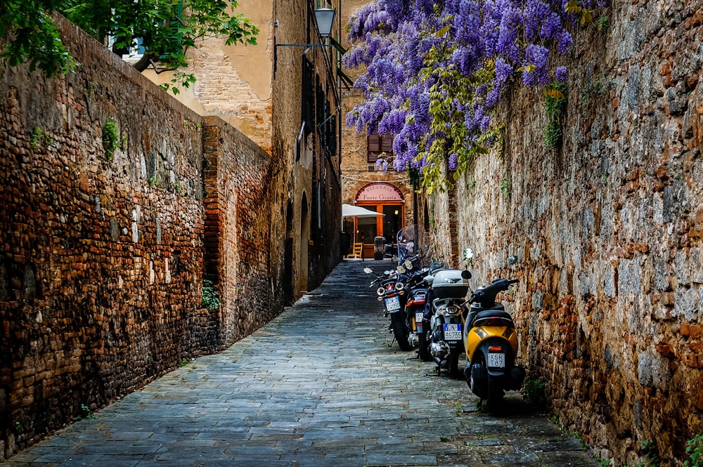 yellow and black motorcycle parked beside brown brick wall