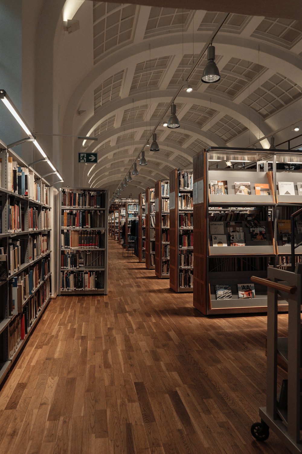 brown wooden book shelves in library