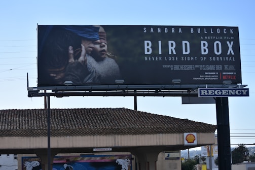 A large billboard displays an advertisement for the film 'Bird Box' featuring an image of two individuals wearing blindfolds. The scene is dramatic and tense, indicative of the film's survival theme. The names of the actors, director, and streaming platform are prominently featured.