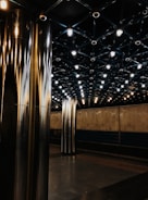 Wide shot of a commercial space with sleek epoxy flooring featuring subtle gold veining.