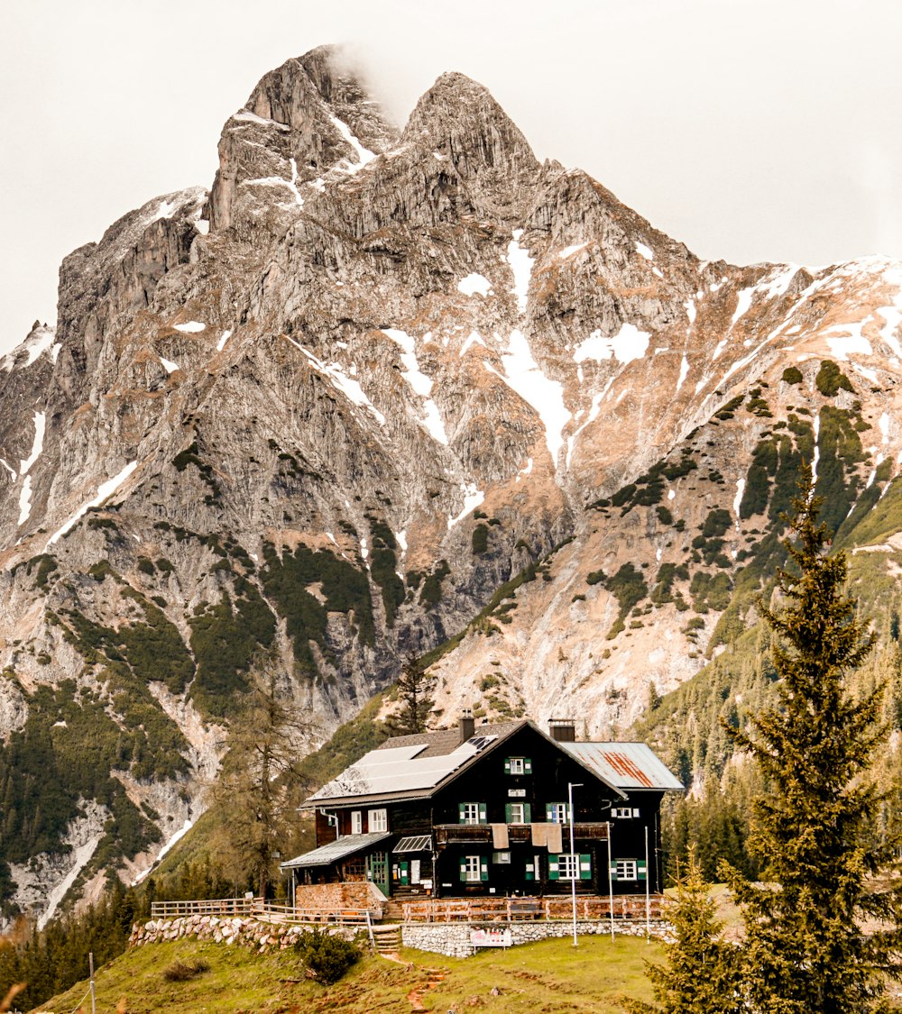 brown wooden house near trees and mountain