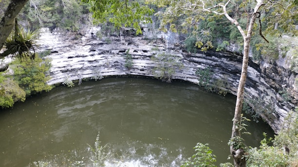 A natural, circular sinkhole with stagnant greenish water at its bottom, surrounded by cliff walls with visible layers of rock. Lush greenery and trees frame the top of the image, adding to the sense of seclusion and natural beauty.