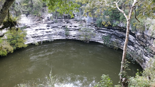A natural, circular sinkhole with stagnant greenish water at its bottom, surrounded by cliff walls with visible layers of rock. Lush greenery and trees frame the top of the image, adding to the sense of seclusion and natural beauty.