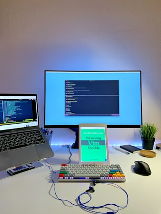 A modern workspace featuring a large monitor, a laptop, an iPad displaying a book titled 'Mastering Vim Quickly,' a mechanical keyboard with colorful keycaps, a wireless mouse, a potted plant, a smartphone, pens, a notebook, and earphones on a white desk. The monitor and the laptop both display code editors.