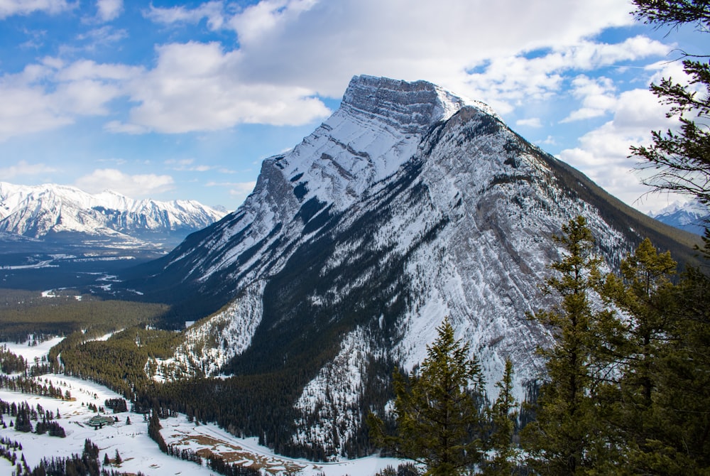 a snow covered mountain with trees in the foreground