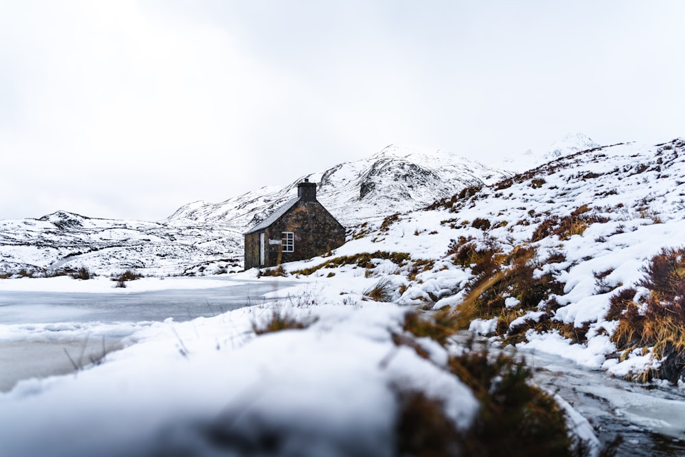 雪に覆われた地面の茶色の家