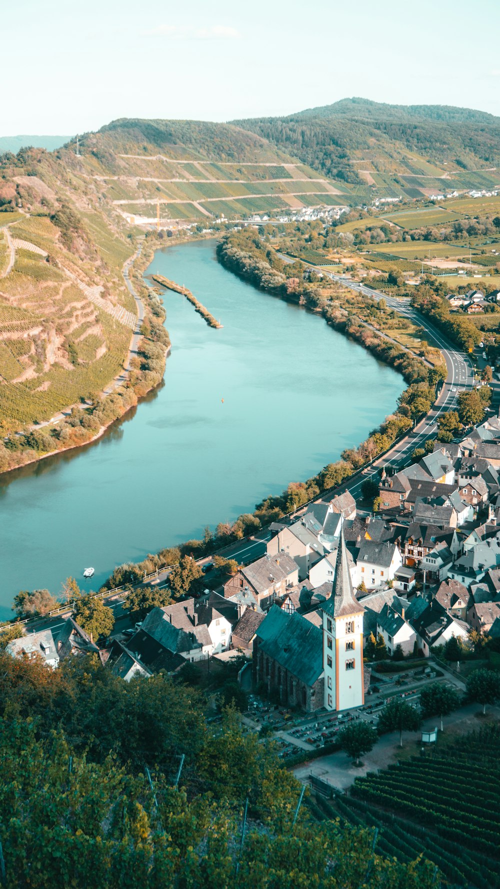 aerial view of city buildings near body of water during daytime