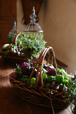 Fresh agricultural produce arranged in rustic baskets.
