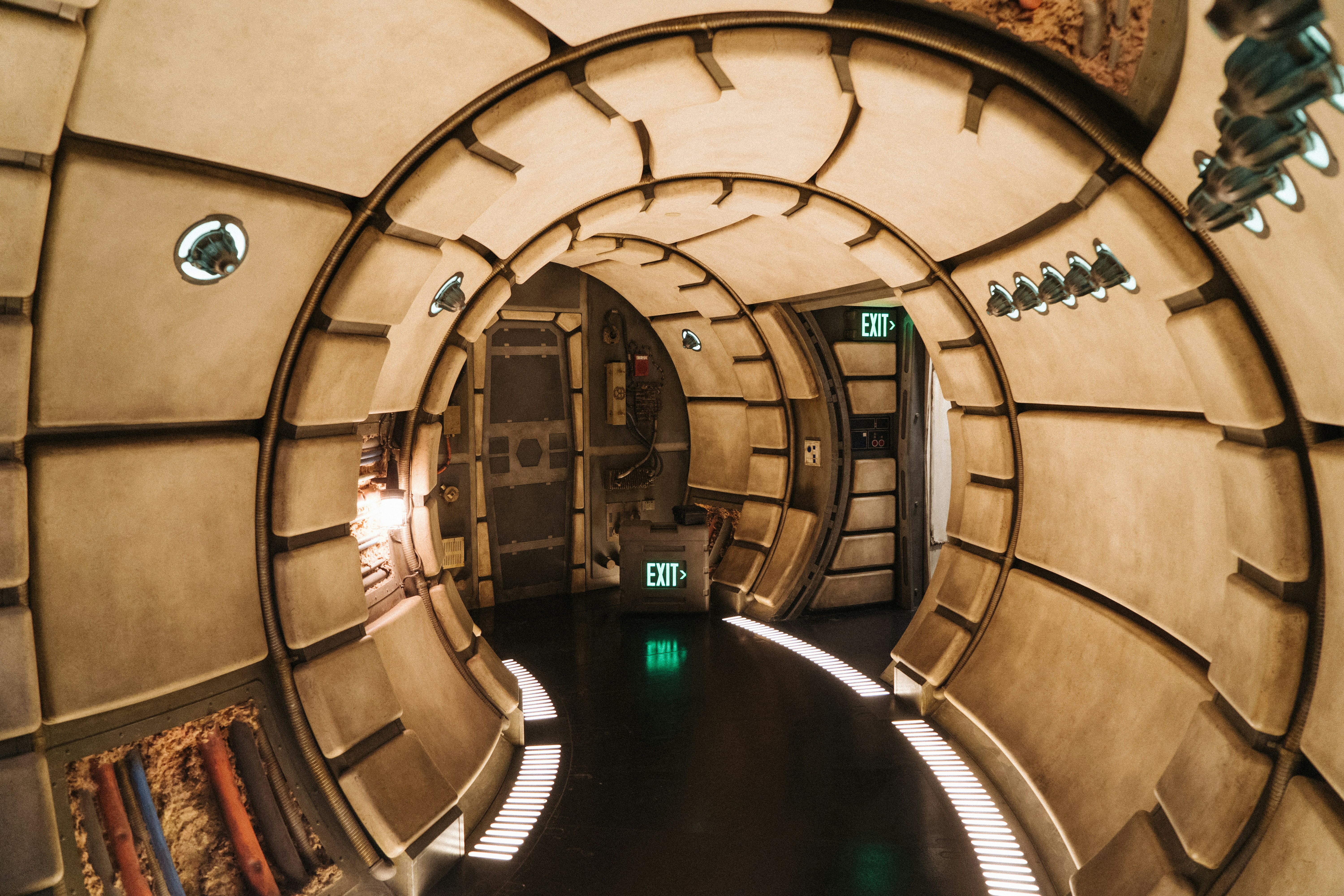 brown wooden framed glass door, Inside the Millennium Falcon at Star Wars: Galaxy