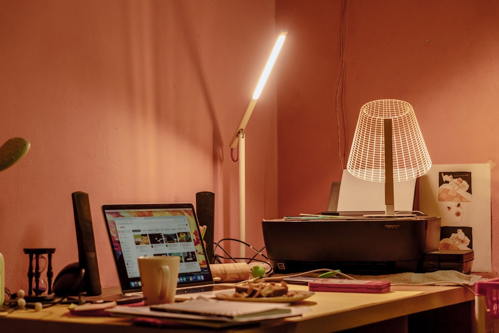 white table lamp on brown wooden table