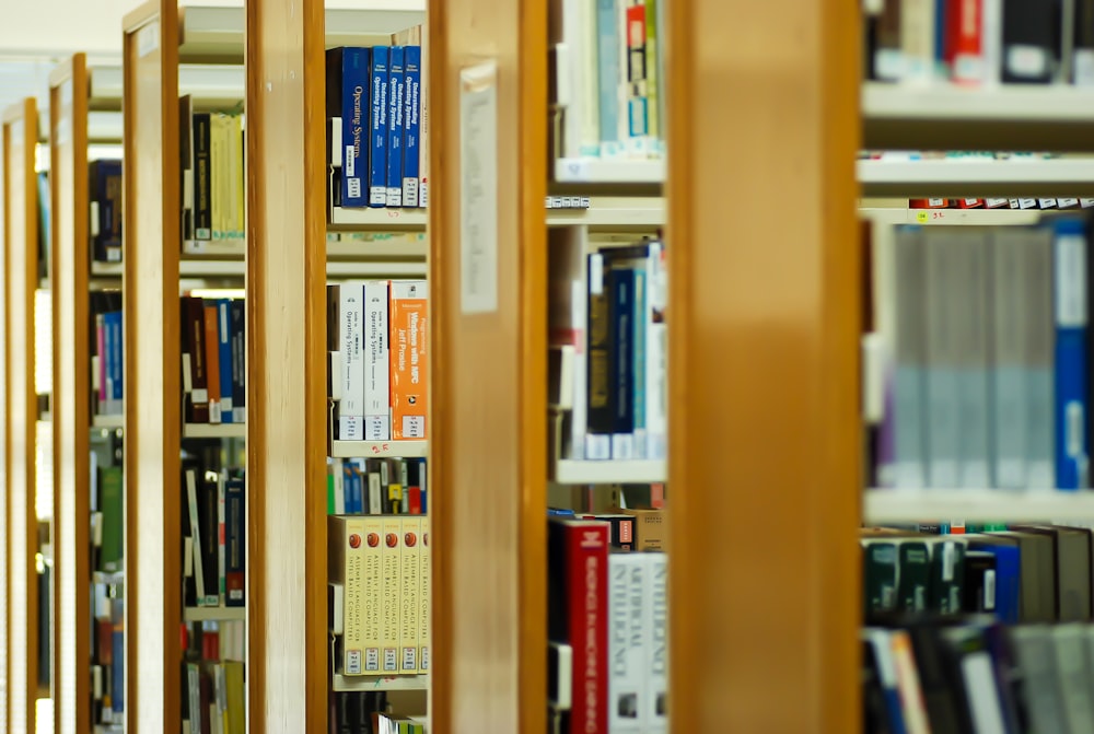 books on brown wooden shelf