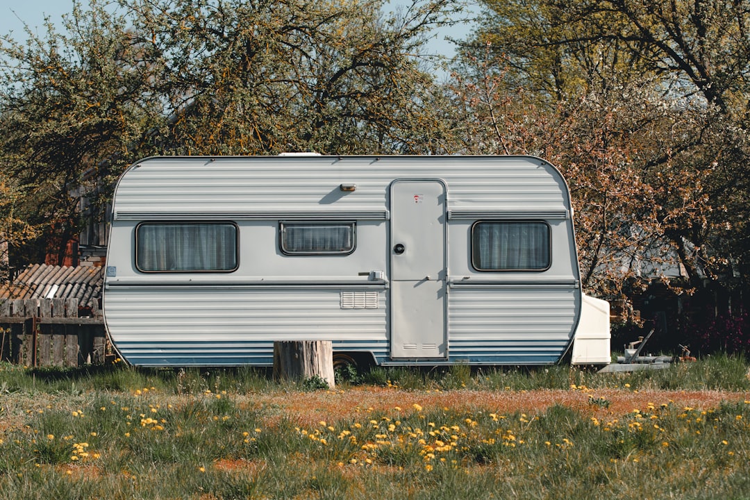 white and gray camper trailer on green grass field