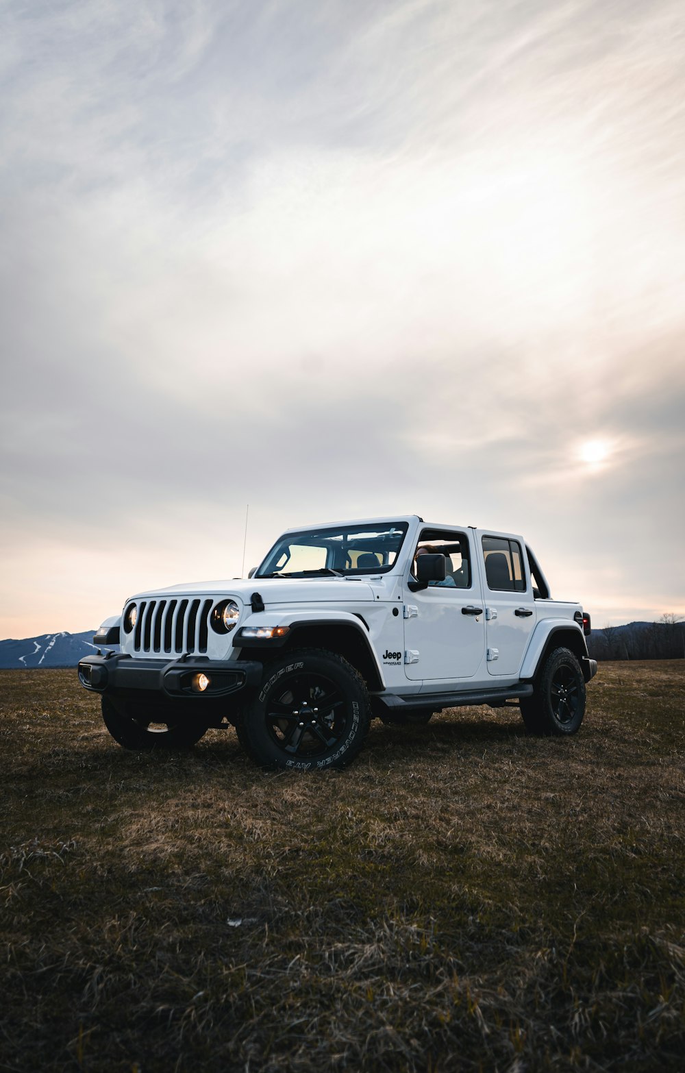 wrangler jipe branco no campo de grama verde sob nuvens brancas durante o dia