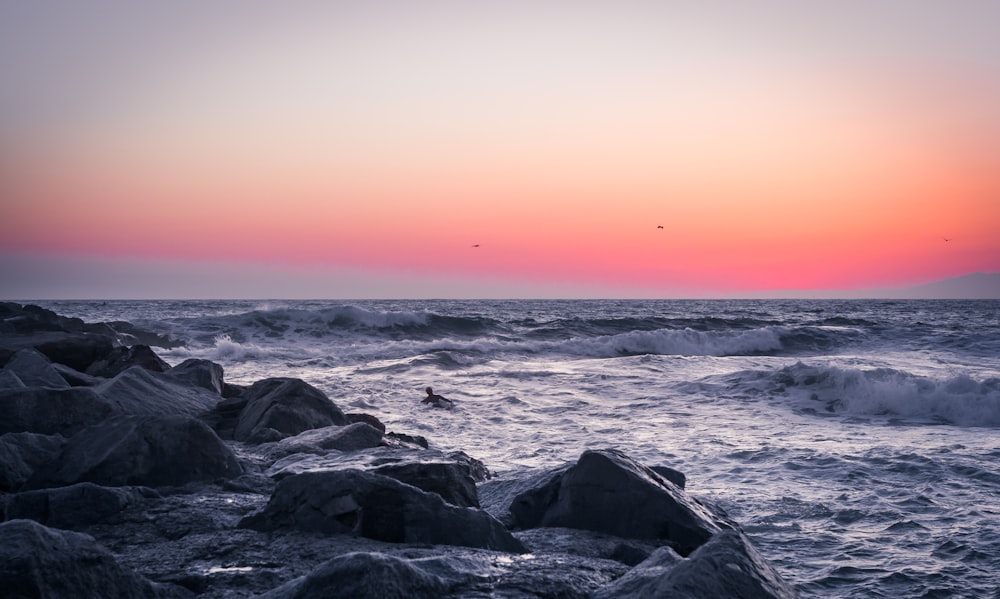 日没時の海岸の灰色の岩