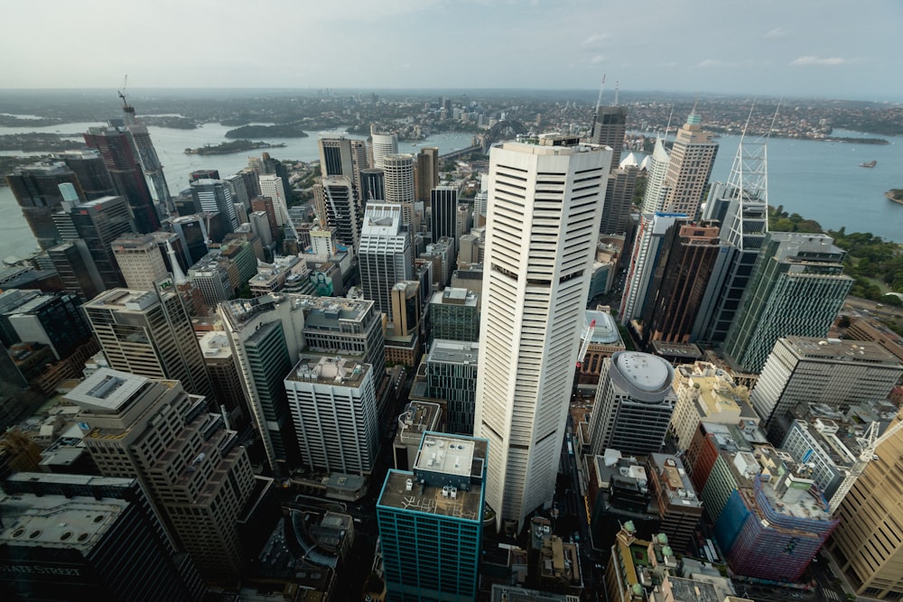 an aerial view of a city with tall buildings