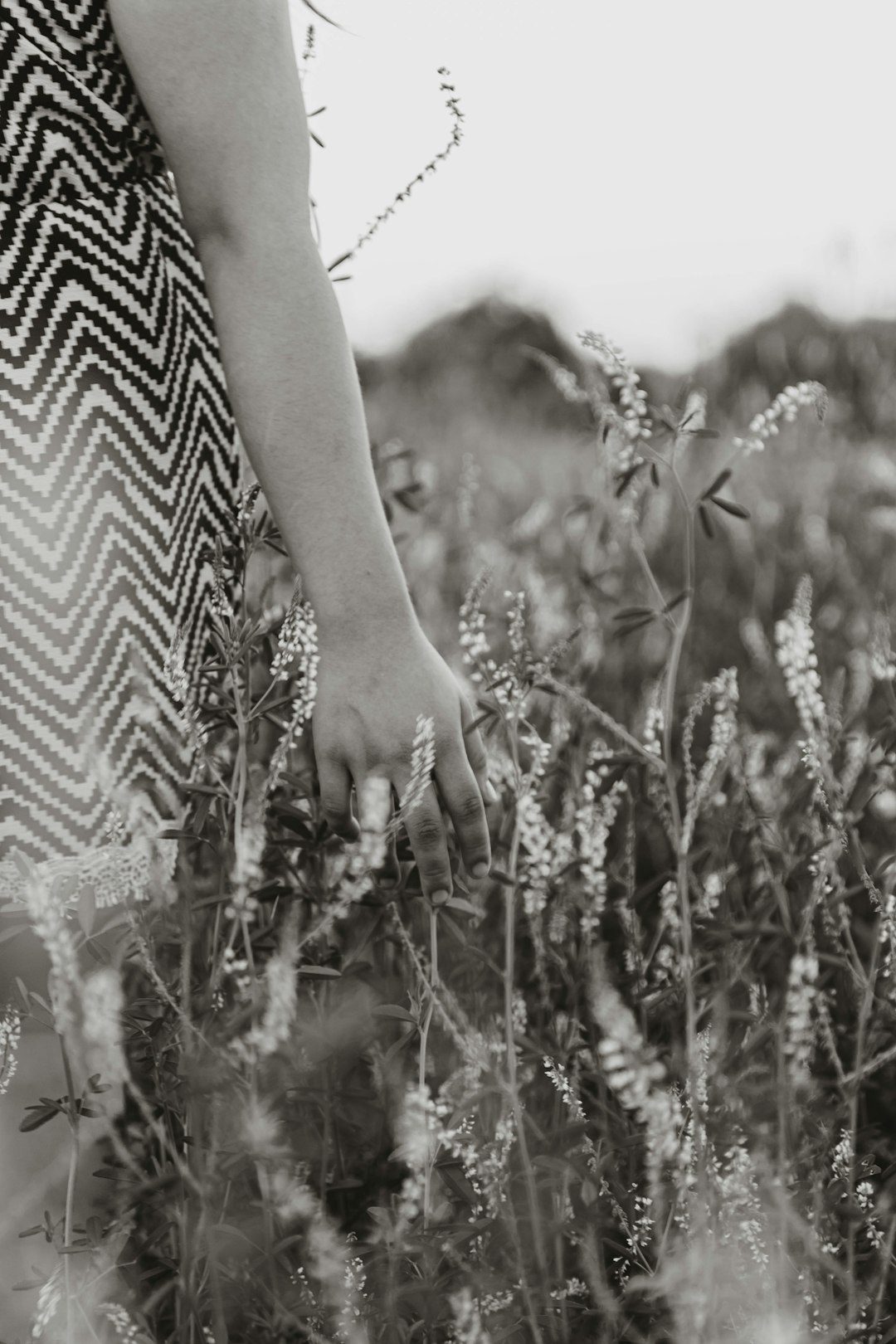 woman in black and white chevron dress standing on brown grass field during daytime