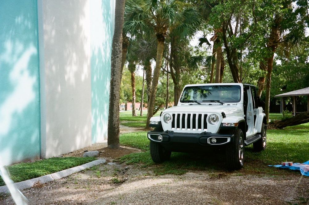 white and black jeep wrangler parked beside green trees during daytime