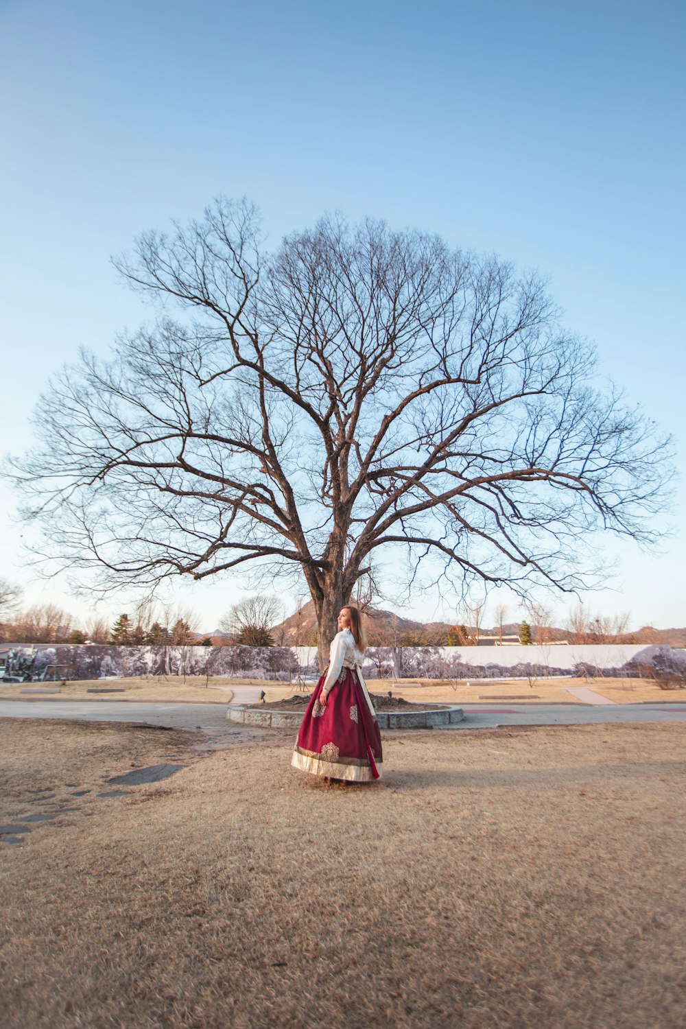 woman in red dress standing on brown dirt road near bare trees during daytime
