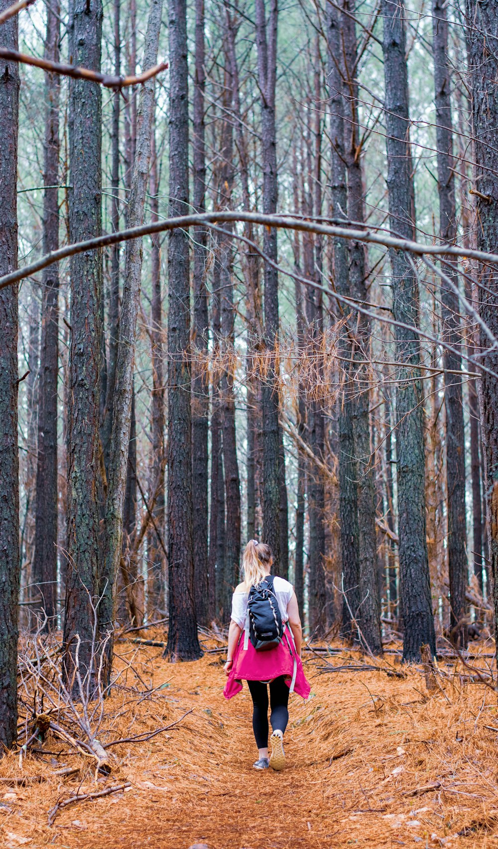 woman in red jacket standing in the middle of the woods during daytime