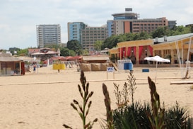 A sandy beach with several buildings in the background, including high-rise apartments and smaller structures with colorful decorations and red curtains. There are beach kiosks and signs like 'WC' indicating restrooms. A few people are walking along the beach, and plants are visible in the foreground.