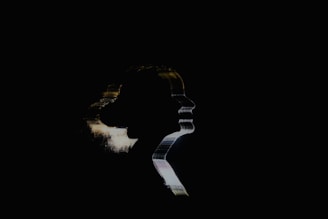 Symbolic portrait silhouette with procedural light effects in cyan and amber tones.