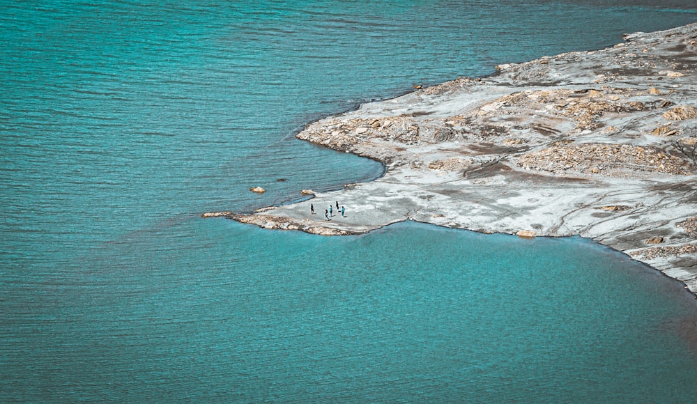 a group of people standing in the middle of a body of water