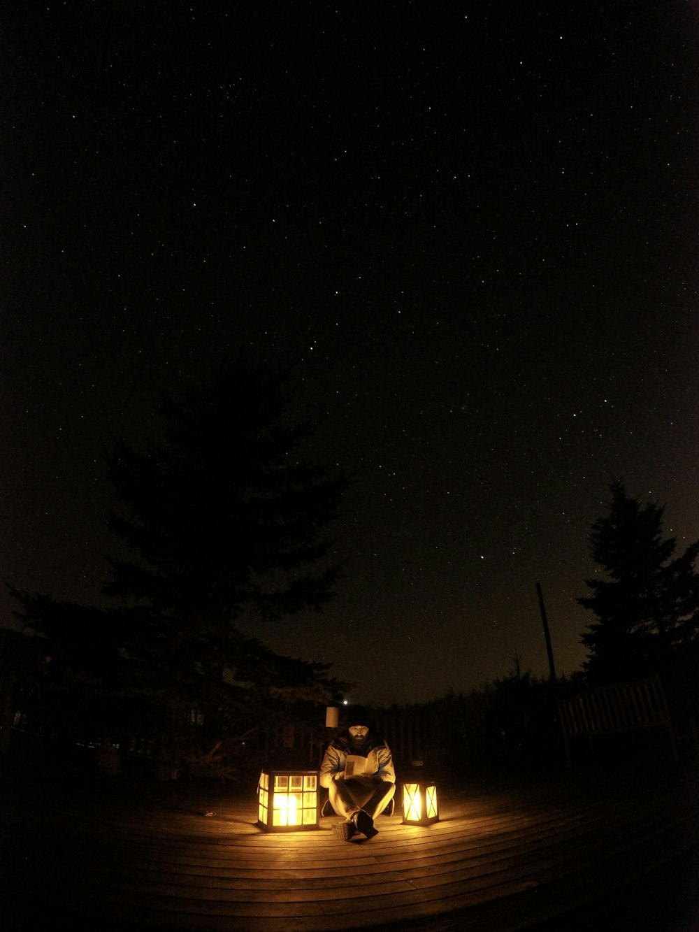 man in black jacket sitting on brown wooden chair during night time