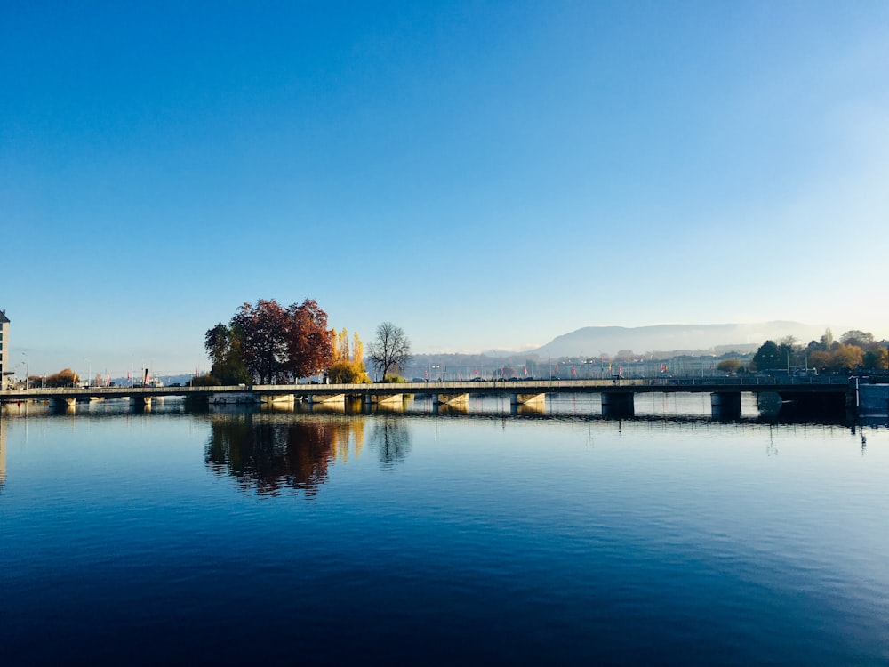 a large body of water with a bridge in the background