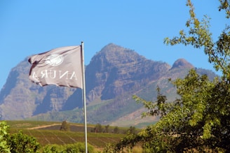 A large flag with text and a symbol flutters in the foreground against a backdrop of impressive, rugged mountains. The landscape includes green vineyards and trees under a clear, blue sky.
