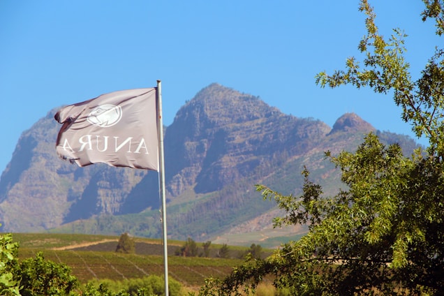 A large flag with text and a symbol flutters in the foreground against a backdrop of impressive, rugged mountains. The landscape includes green vineyards and trees under a clear, blue sky.