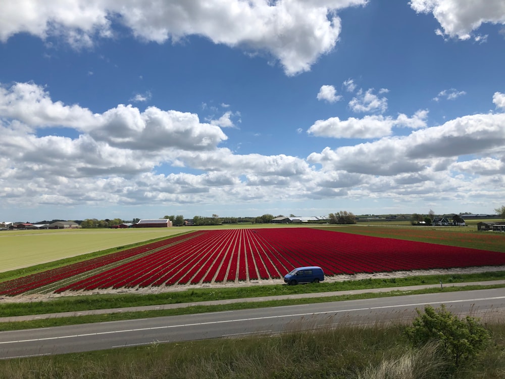 a car driving down a road next to a field