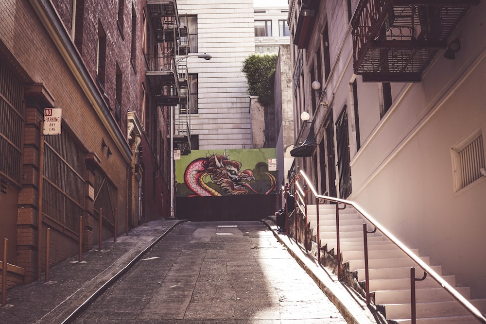 brown brick pathway between houses during daytime