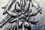 A close-up view of an intricate metal engraving depicting a floral pattern with detailed textures. The image highlights the craftsmanship involved in creating the piece.