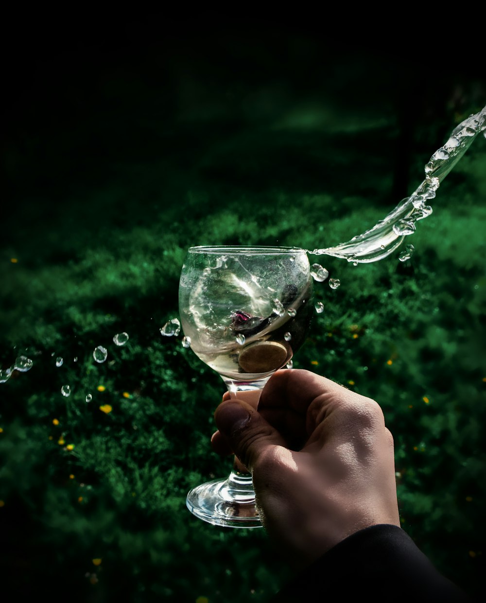 person holding clear wine glass with water