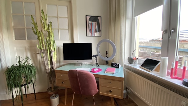 A cozy home office setup with natural light and organized desk.