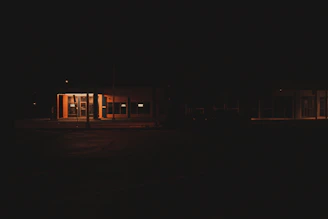 Security guard attentively monitoring a building entrance at night.