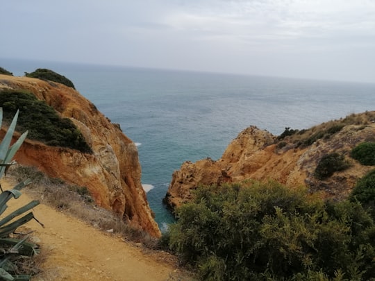 brown rocky mountain beside body of water during daytime in Lagos Portugal