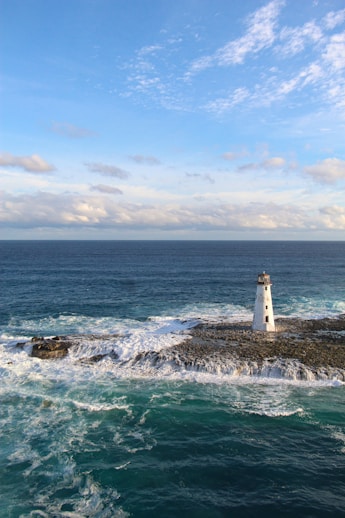 white and brown lighthouse on brown rock formation near body of water during daytime